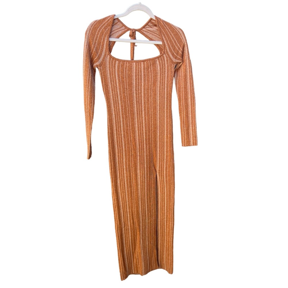 LPA Dress Womens S  Sparkle Brown Striped Long Sleeve Midi‎ Slit Knit Holiday - Picture 3 of 7